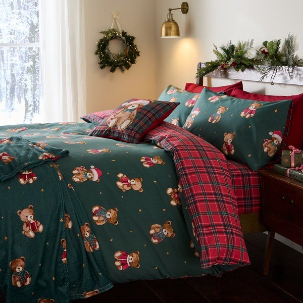 Czerwona/ciemnozielona pościel jednoosobowa 150x120 cm Christmas Tartan Teddy Bear – Catherine Lansfield-image-4