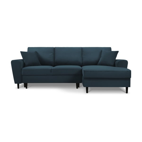 Ciemnoniebieski sztruksowy rozkładany narożnik ze schowkiem (prawostronny/z szezlongiem) Kyoto – Cosmopolitan Design