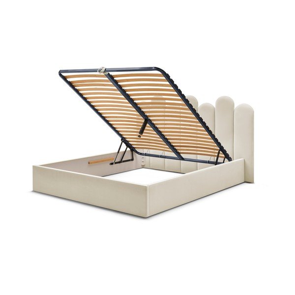 Beżowe tapicerowane łóżko dwuosobowe ze schowkiem i stelażem 160x200 cm Badja – Bobochic Paris-image-4