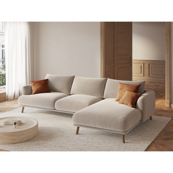 Beżowy aksamitny narożnik (prawostronny/z szezlongiem) Naomi – Micadoni -image-1