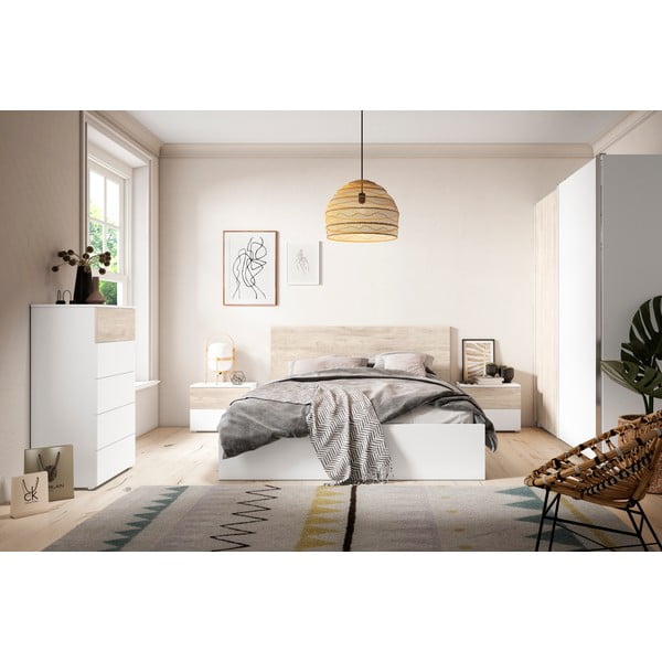 Białe łóżko dwuosobowe w dekorze dębu 160x200 cm Sahara – Marckeric-image-1