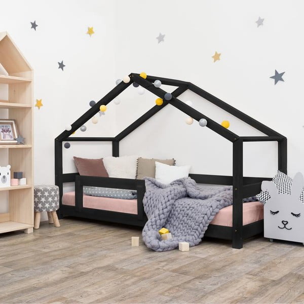 Czarne łóżko dziecięce w kształcie domku z barierką Benlemi Lucky, 90x200 cm