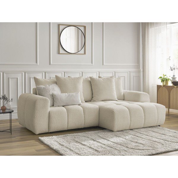 Beżowy rozkładany narożnik z materiału bouclé ze schowkiem (prawostronny/z szezlongiem) Roxelane – Bobochic Paris-image-4