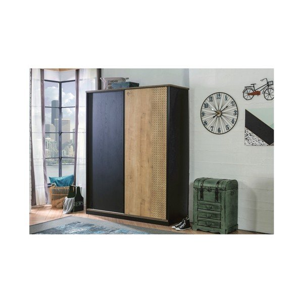Czarna szafa z drzwiami w naturalnym kolorze Black Sliding Wardrobe-image-4