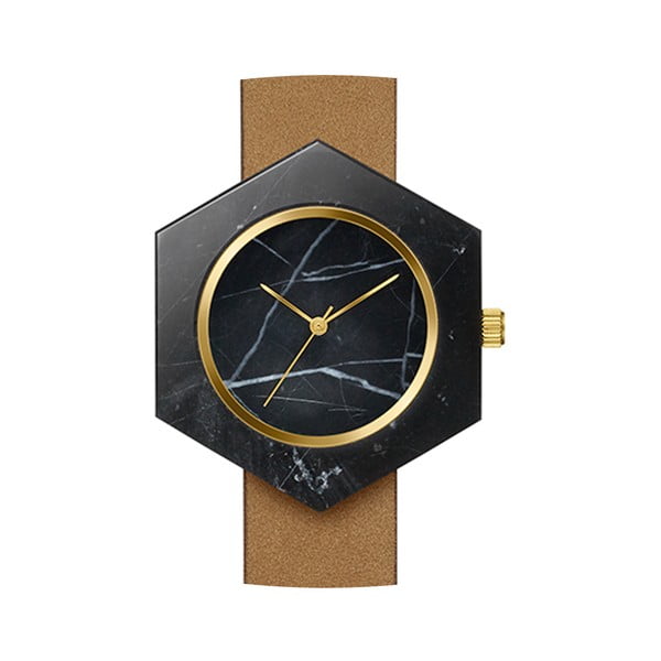 Czarny sześciokątny marmurkowy zegarek z brązowym paskiem Analog Watch Co.