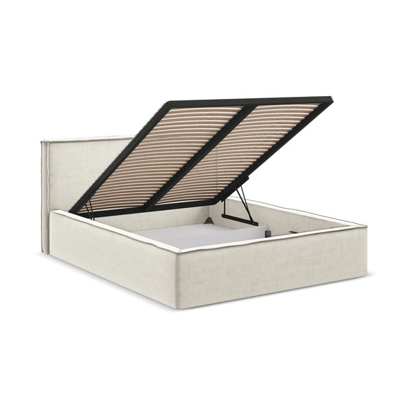 Kremowe tapicerowane łóżko dwuosobowe ze schowkiem i stelażem 140x200 cm Anani – Makamii-image-2