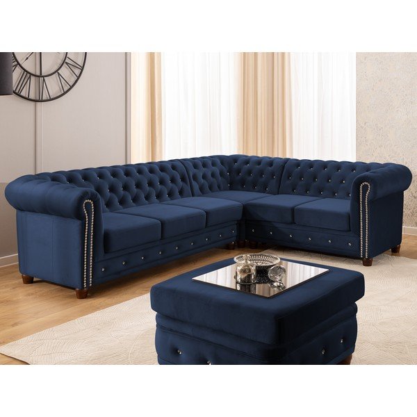 Niebieski aksamitny rozkładany narożnik (prawostronny/w kształcie litery L) York Blik – Ropez-image-1