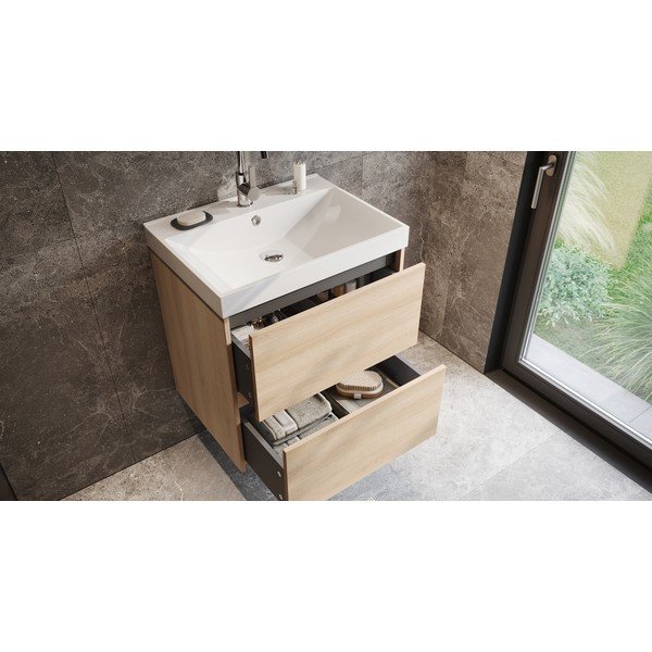Wisząca szafka pod umywalkę w dekorze dębu w naturalnym kolorze 61x65 cm Bodera – Germania-image-1