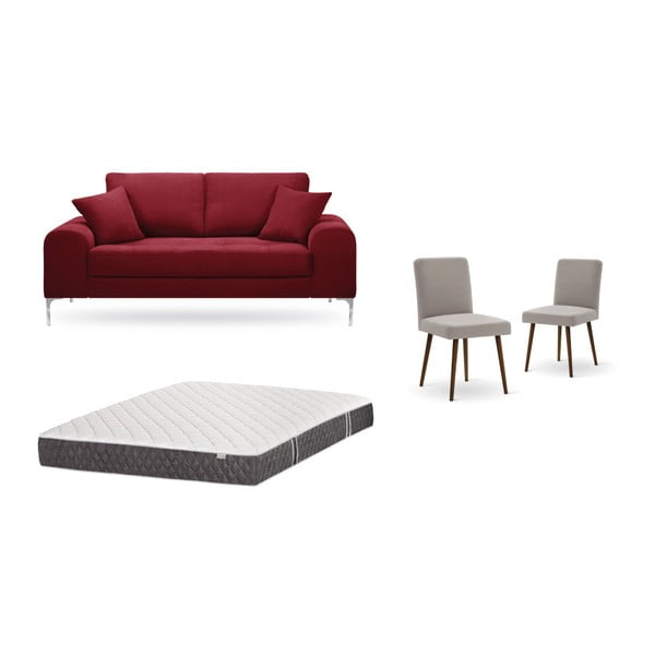 Zestaw 2-osobowej czerwonej sofy, 2 szarobrązowych krzeseł i materaca 140x200 cm Home Essentials