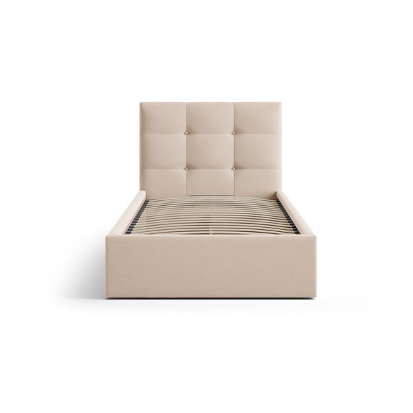 Jasnobrązowe tapicerowane łóżko jednoosobowe ze schowkiem i stelażem 90x200 cm Phaedra – Micadoni -image-3