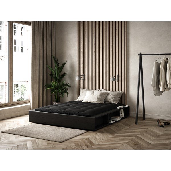 Czarne łóżko dwuosobowe z litego drewna ze schowkiem i czarnym futonem Comfort Karup Design Ziggy, 180x200 cm-image-1