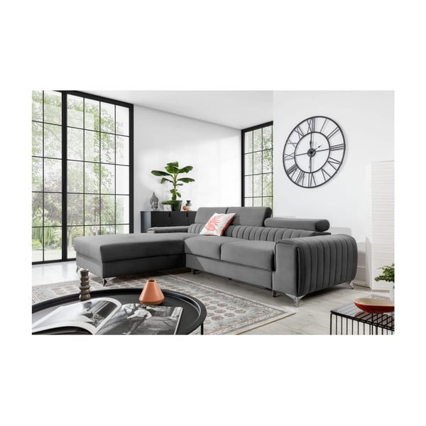 Szary aksamitny rozkładany/ze schowkiem narożnik (lewostronny/z szezlongiem) Grayson – ELTAP-image-1