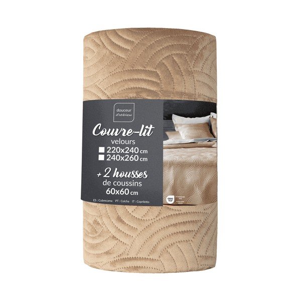 Jasnobrązowy aksamitny zestaw narzuty na łóżko i poszewki na poduszkę 240x260 cm Solange – douceur d'intérieur