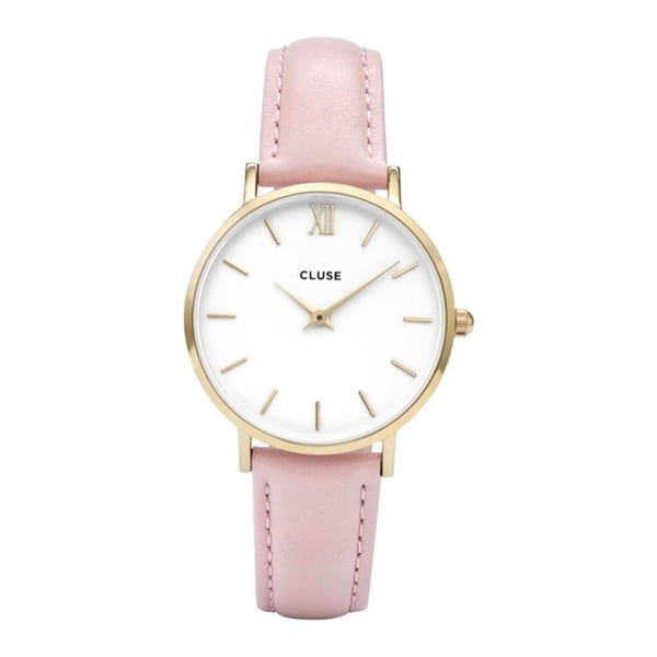 Zegarek damski z różowym paskiem i detalami w złotym kolorze Cluse Minuit