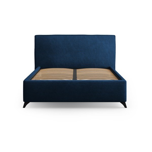 Ciemnoniebieskie tapicerowane łóżko dwuosobowe ze schowkiem i stelażem 160x200 cm Malou – Milo Casa-image-2