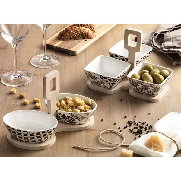 Komplet 3 porcelanowych misek i bambusowej podkładki Brandani Alhambra-image-1