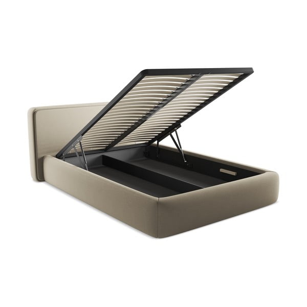 Beżowe tapicerowane łóżko dwuosobowe ze schowkiem i stelażem 140x200 cm Kiana – Makamii-image-3