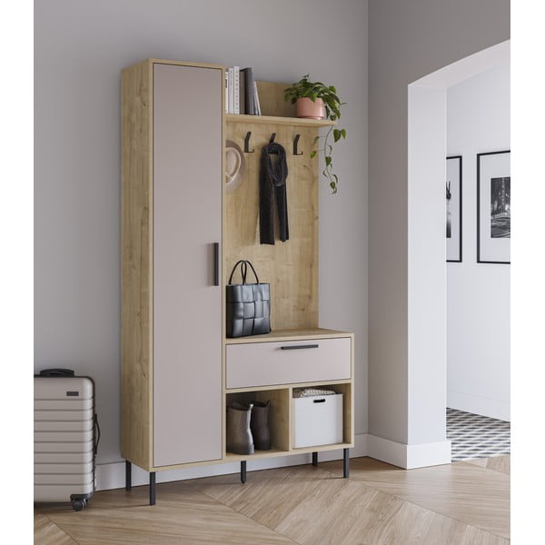 Kremowo-naturalny zestaw do przedpokoju w dekorze dębu 108x195x35 cm Heidy – Marckeric-image-1