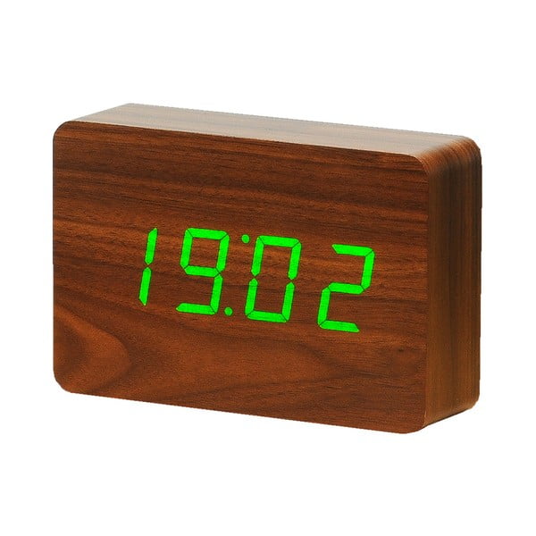 Ciemnobrązowy budzik z zielonym wyświetlaczem LED Gingko Brick Click Clock