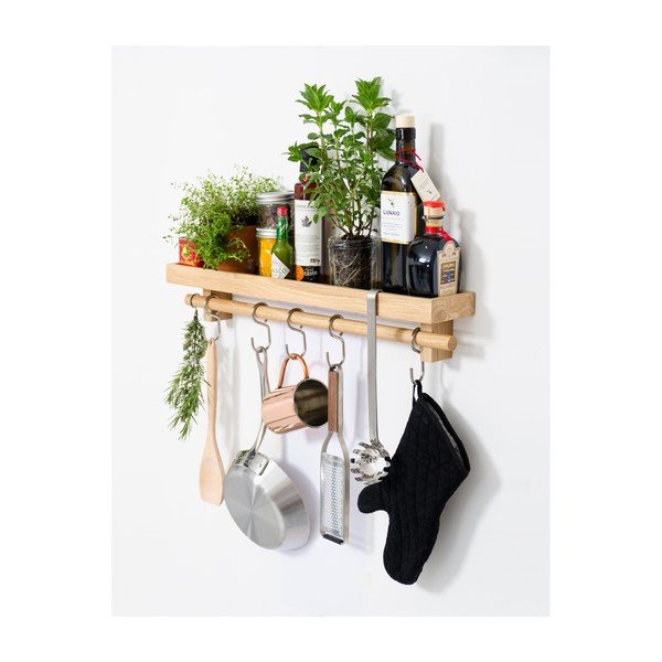 Półka z wieszakiem na przybory kuchenne z drewna dębowego Wireworks-image-2