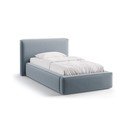 Jasnoniebieskie tapicerowane łóżko jednoosobowe ze schowkiem i stelażem 90x200 cm Jodie – Micadoni 