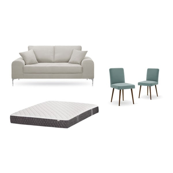 Zestaw 2-osobowej kremowej sofy, 2 szarozielonych krzeseł i materaca 140x200 cm Home Essentials