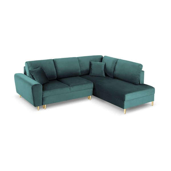 Morski aksamitny rozkładany narożnik ze schowkiem (prawostronny/w kształcie litery L) Kyoto – Cosmopolitan Design-image-1