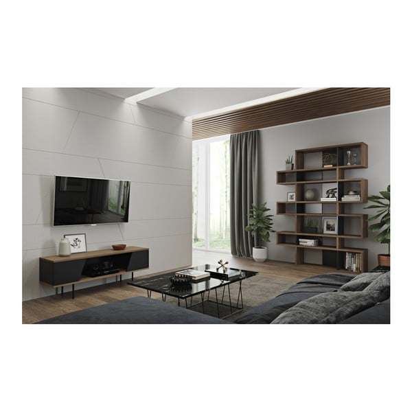 Czarny regał z detalami w dekorze drewna orzecha TemaHome London-image-2