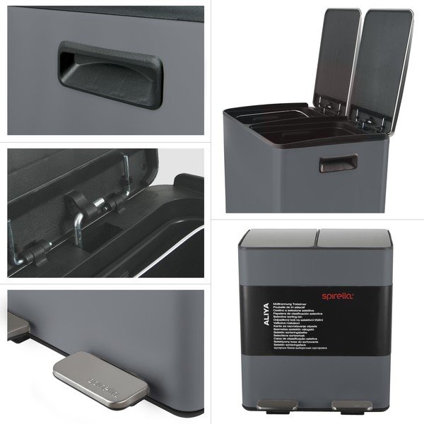 Ciemnoszary stalowy kosz na śmieci 2x20 l do segregacji odpadów/z pedałem   Aliya – Spirella-image-2