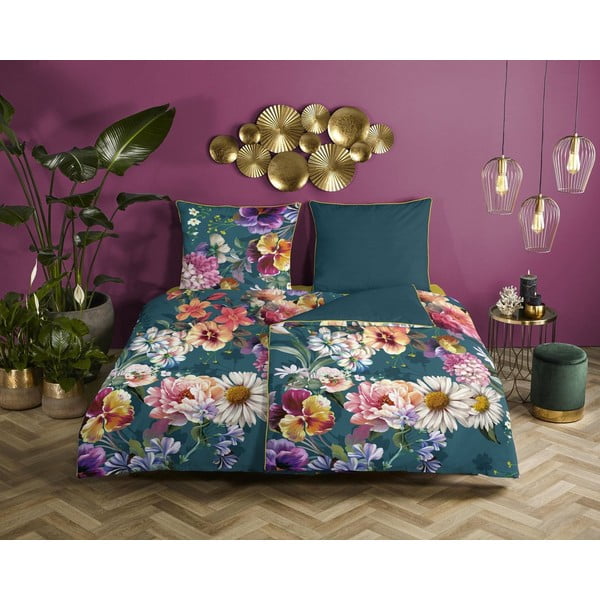 Ciemnozielona pościel jednoosobowa z bawełny organicznej Descanso Sunflower, 140x200 cm-image-1