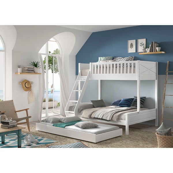 Białe piętrowe łóżko dziecięce z litego drewna sosnowego ze schowkiem 140x200/90x200 cm SCOTT – Vipack-image-1