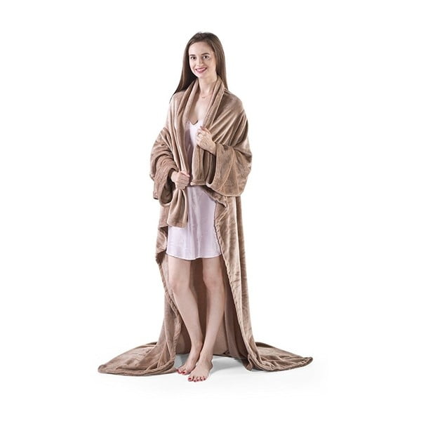 Beżowy koc z rękawami z mikrowłókna DecoKing Lazy, 200x170 cm