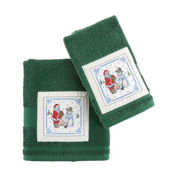 Zestaw 2 zielonych ręczników ze świątecznym motywem Knitted Christmas
