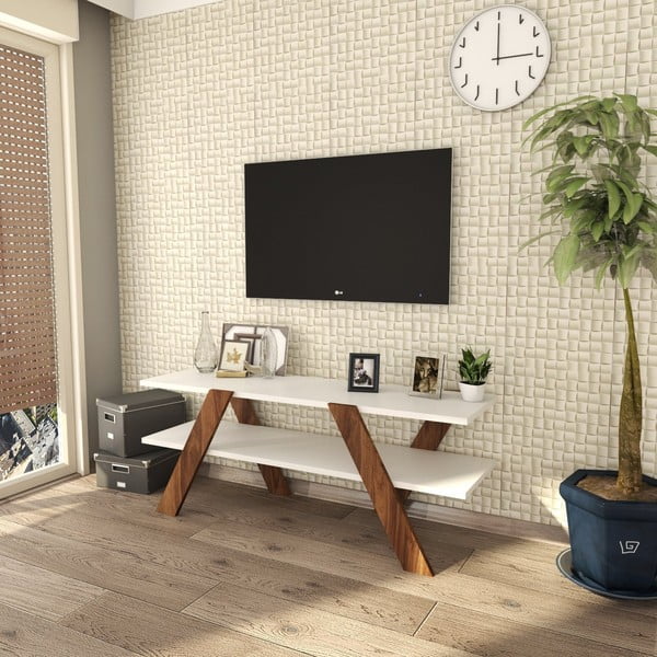 Biała szafka pod TV w dekorze orzecha 120x33 cm Basic – Kalune Design-image-3