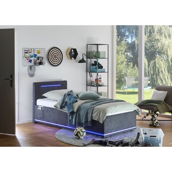 Ciemnoszare tapicerowane łóżko dziecięce ze schowkiem i stelażem 90x200 cm Circle – Meise Möbel-image-1