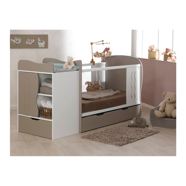 Biało-brązowe regulowane łóżeczko dziecięce z szufladą i komodą BEBE Provence Combo Belem