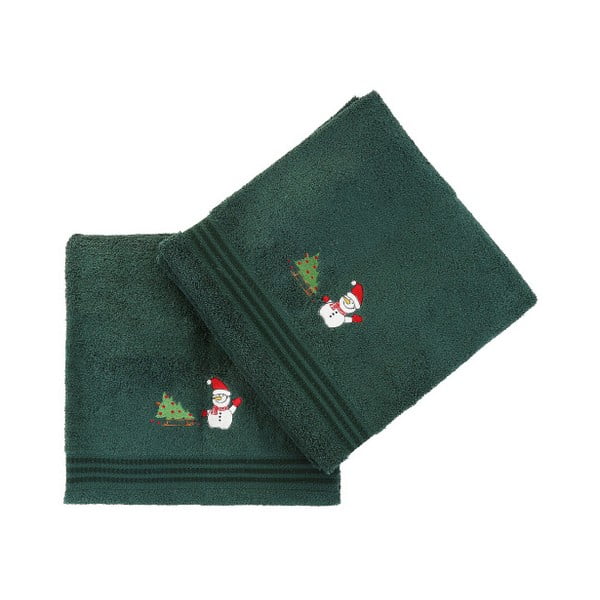 Zestaw 2 zielonych świątecznych ręczników Snowy, 70x140 cm
