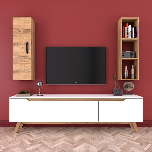 Zestaw białej szafki pod TV, półki i szafki w dekorze drewna orzechowego Wren