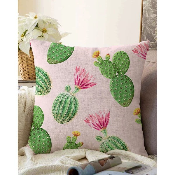 Różowo-zielona poszewka na poduszkę z domieszką bawełny Minimalist Cushion Covers Blooming Cactus, 55x55 cm