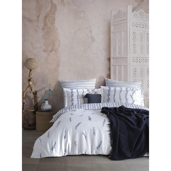 Biało-niebieska pościel dwuosobowa z satyny bawełnianej 240x220 cm Marseille Floral – Mila Home Luxury