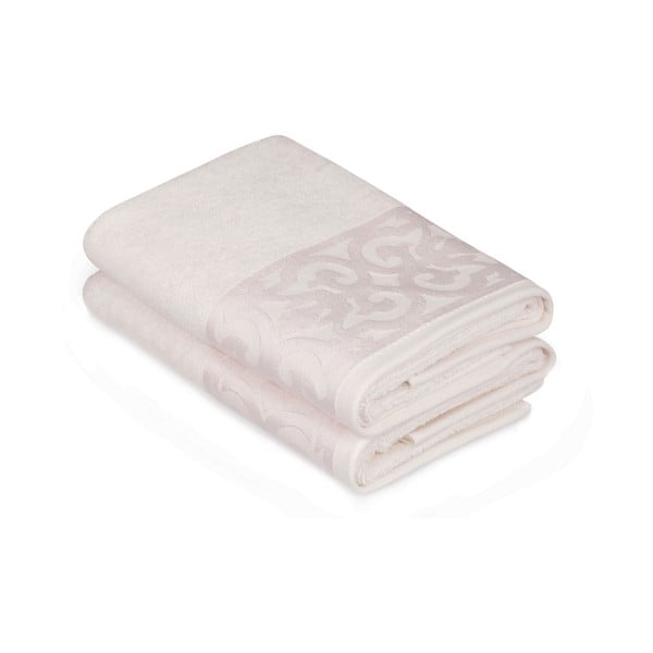 Komplet 2 białych bawełnianych ręczników z kremową lamówką Grace, 50x90 cm