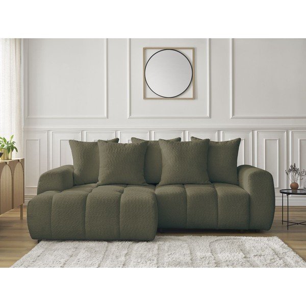 Rozkładany narożnik z materiału bouclé ze schowkiem (lewostronny/z szezlongiem) w kolorze khaki Roxelane – Bobochic Paris-image-1