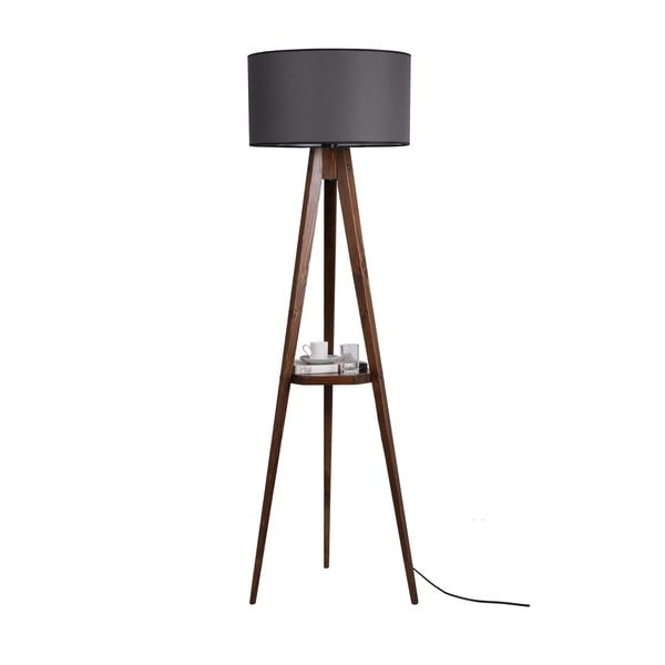 Czarna/brązowa lampa stojąca z półką z tekstylnym kloszem (wysokość 154 cm) Sehbali Tripod – Opviq lights