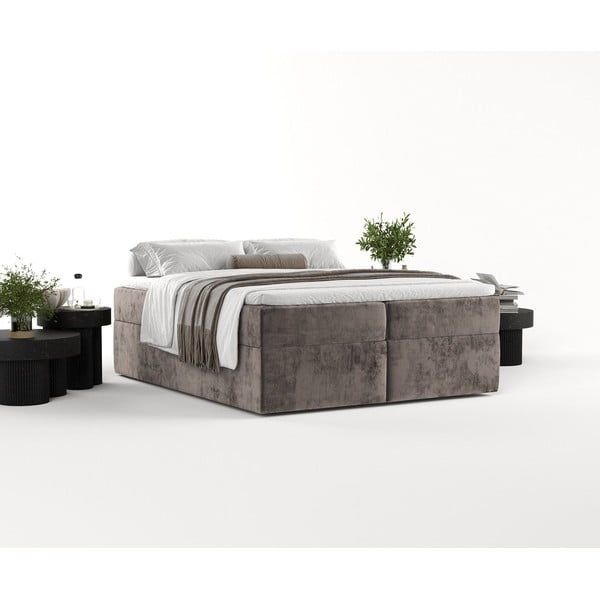 Brązowe łóżko boxspring ze schowkiem 200x200 cm Yoko – Maison de Rêve-image-1