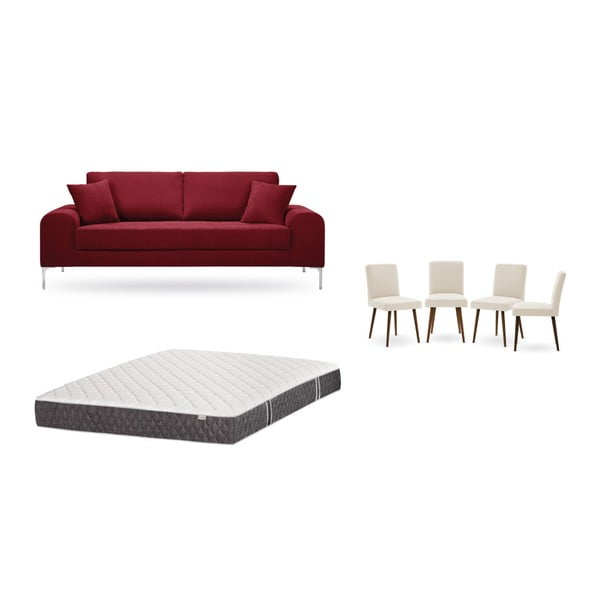 Zestaw 3-osobowej czerwonej sofy, 4 kremowych krzeseł i materaca 160x200 cm Home Essentials
