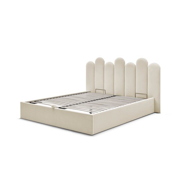 Beżowe tapicerowane łóżko dwuosobowe ze schowkiem i stelażem 160x200 cm Badja – Bobochic Paris