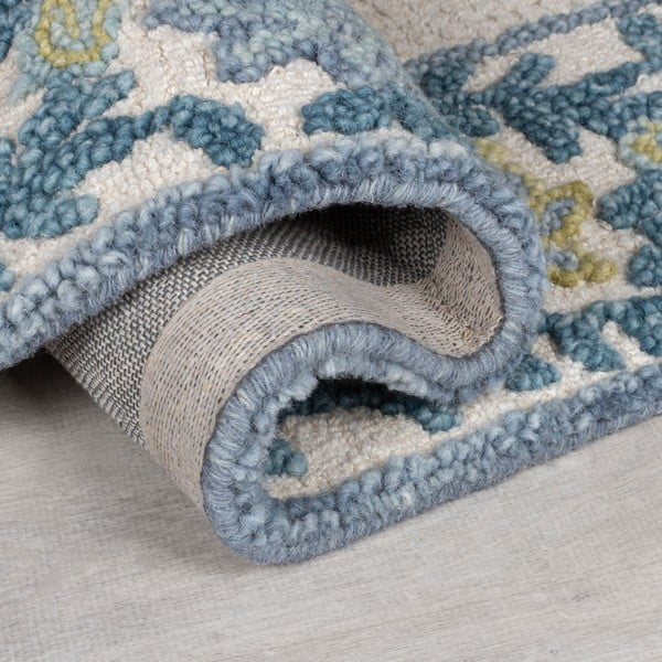 Niebiesko-kremowy dywan z mieszanki wełny tkany ręcznie 120x170 cm Myla Floral Frame – Flair Rugs-image-3