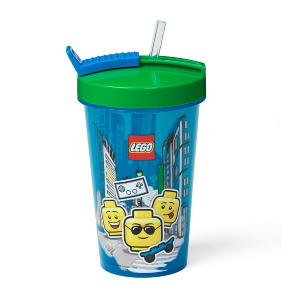 Niebieski kubek podróżny z zielonym wieczkiem i słomką LEGO® Iconic, 500 ml