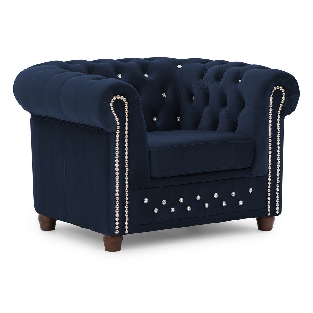 Niebieski aksamitny fotel typu chesterfield York Blik – Ropez