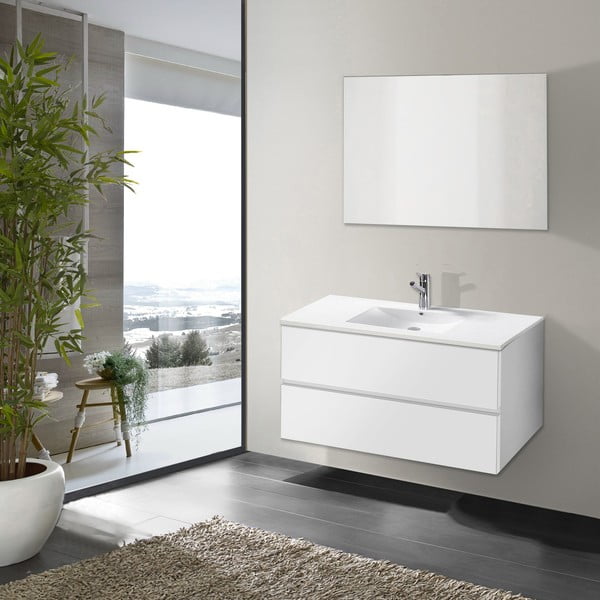 Szafka do łazienki z umywalką i lustrem Flopy, odcień bieli, 90 cm